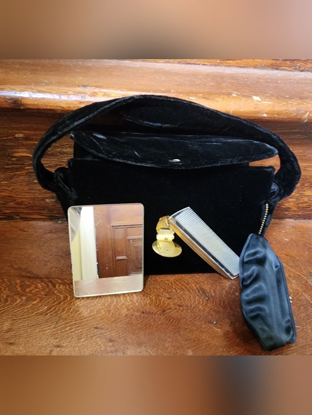 Rare Pristine 1950s Magid Black Velvet Vanity Handbag Complete 4 Piece Set